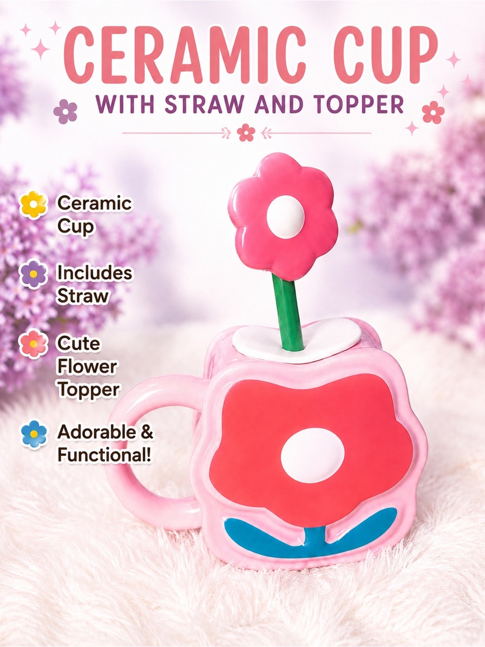 Pink Flower Ceramic Cup with Straw and Topper NWT